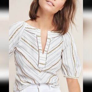 Maeve Green and White Graphic Puff Sleeve Blouse